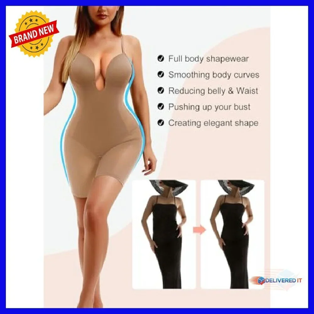 Strapless Bodysuit Shapewear Tummy Control Mid Thigh U Plunge